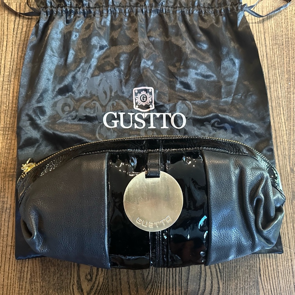 Gustto Black Leather & Patent Leather Clutch Handbag